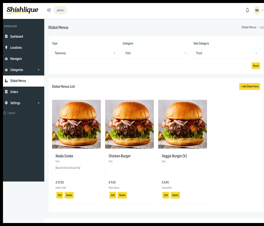 Shishlique order management table with live order statuses