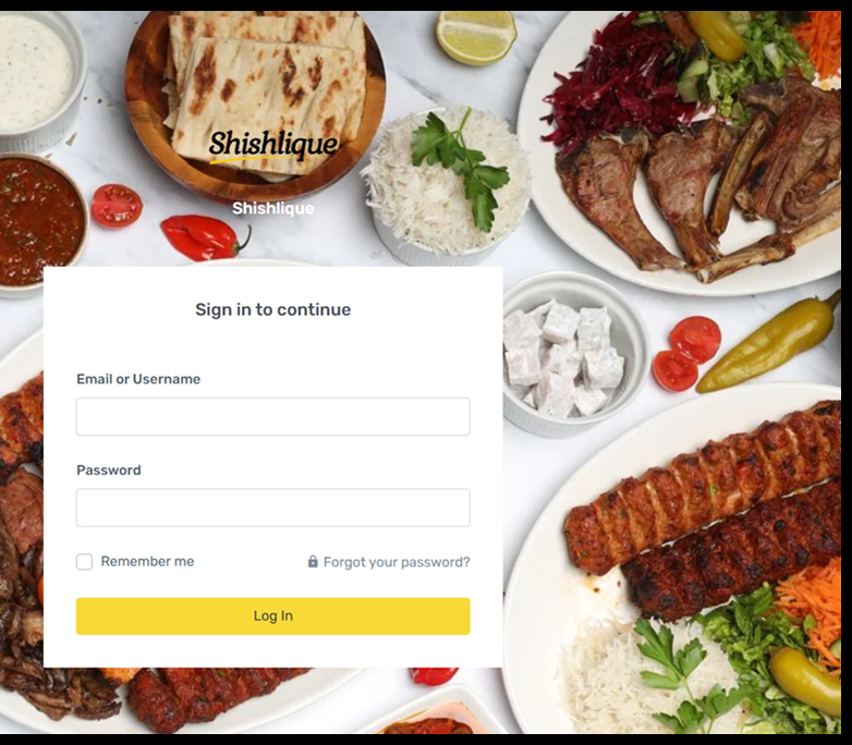 Shishlique sign in screen with kebab platter photo and login form